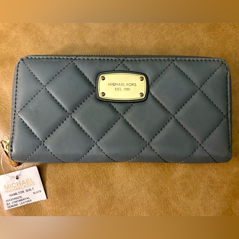 Michael Kors Slate Hamilton Quilted Leather Wallet NEW